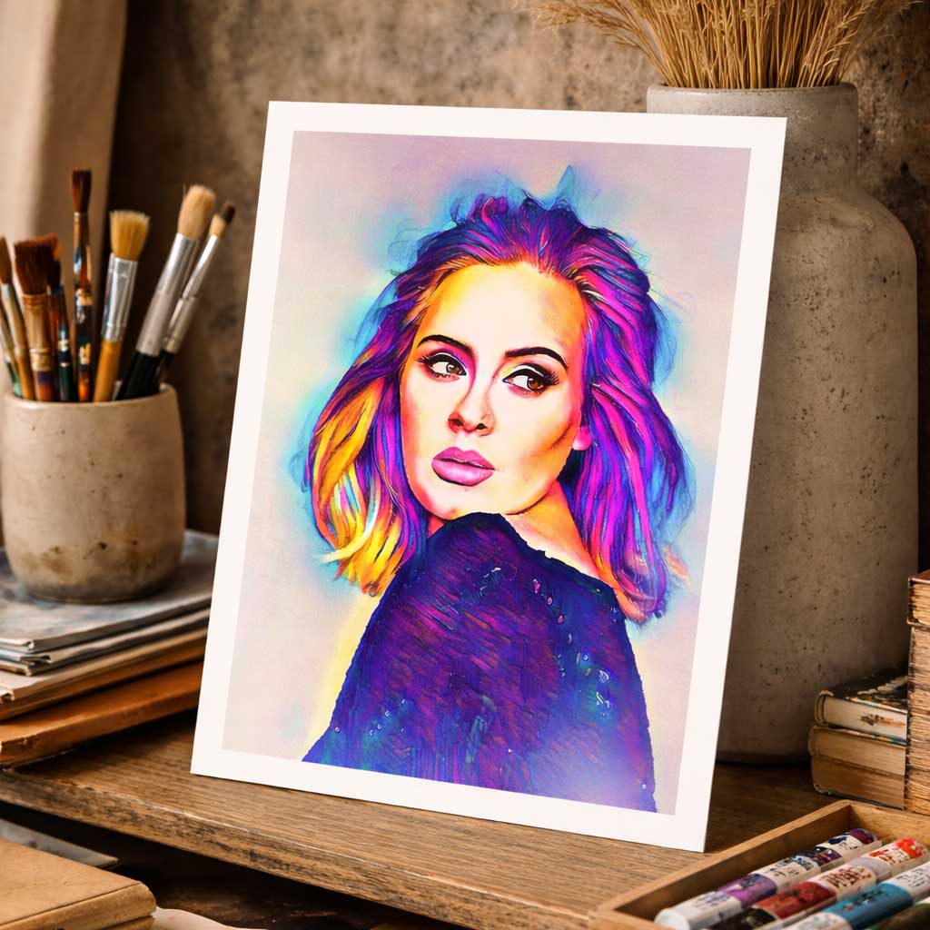Close-up detail of Adele abstract portrait showing hand-drawn linework and colour blocking