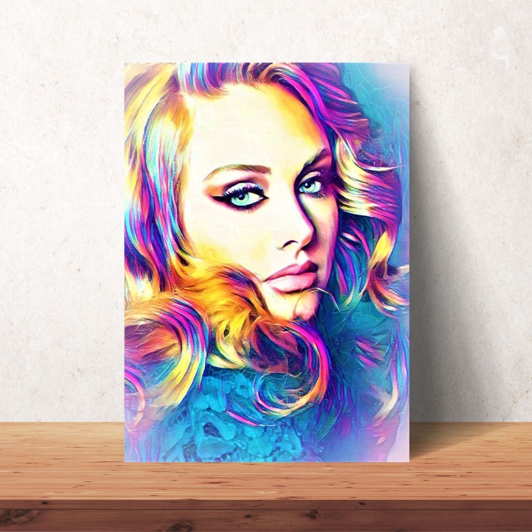 Abstract vibrant colourful drawing artwork of Adele for poster digital download. Close up with eye drawing and colourful hair