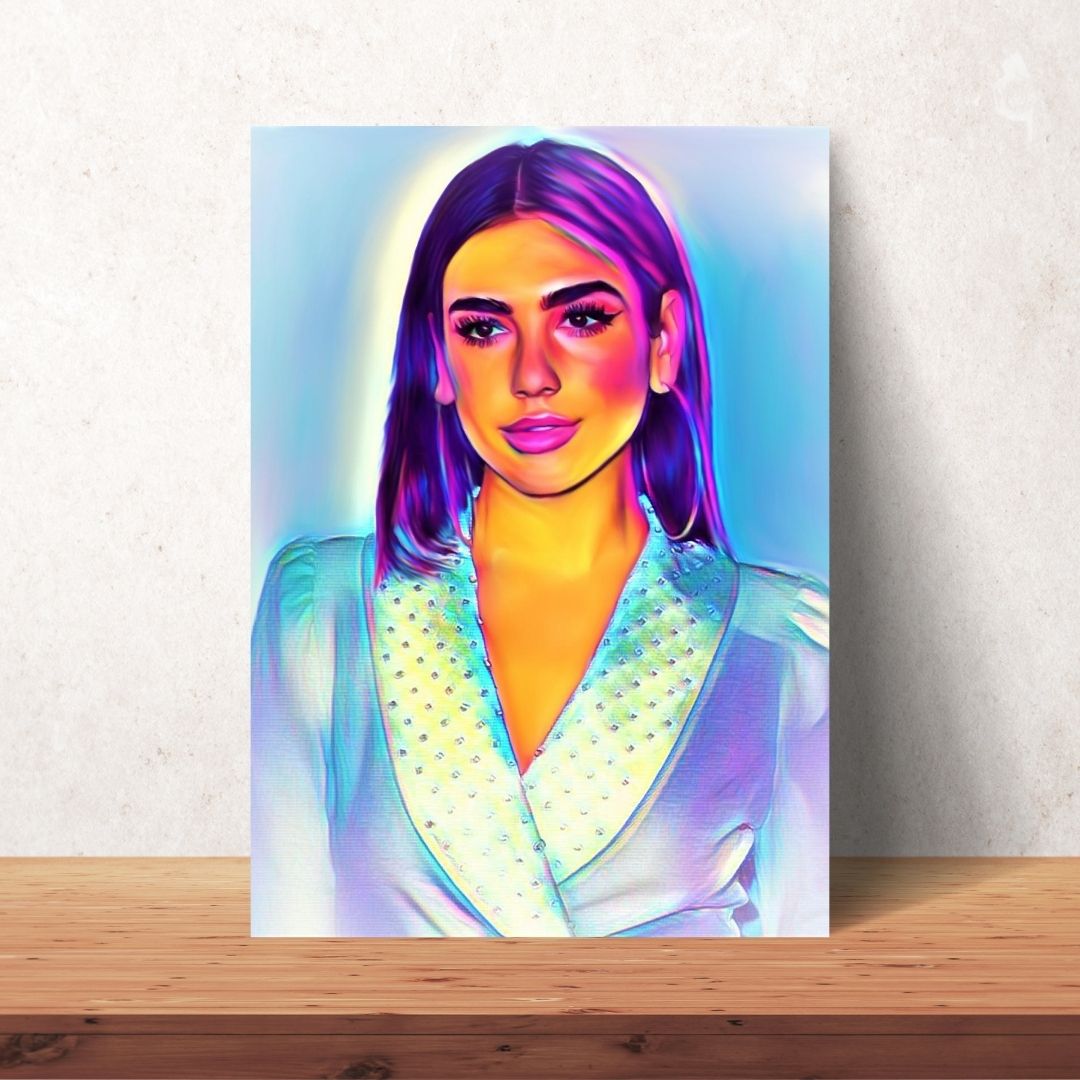 dua lipa colourful portrait painting digital download with white blazer dress and sleek hair