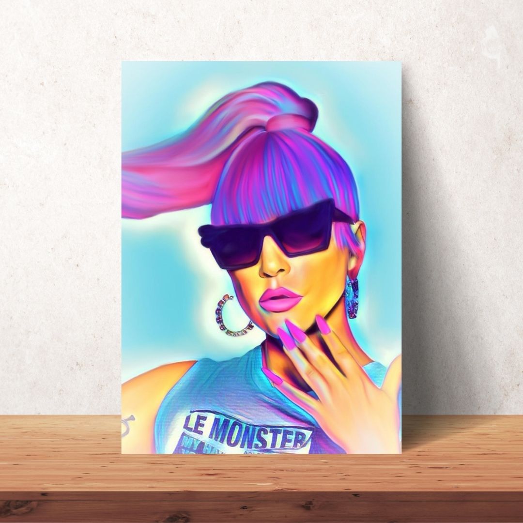 lady gaga with pink and blue long ponytail and nail and black sunglasses painting downloadable