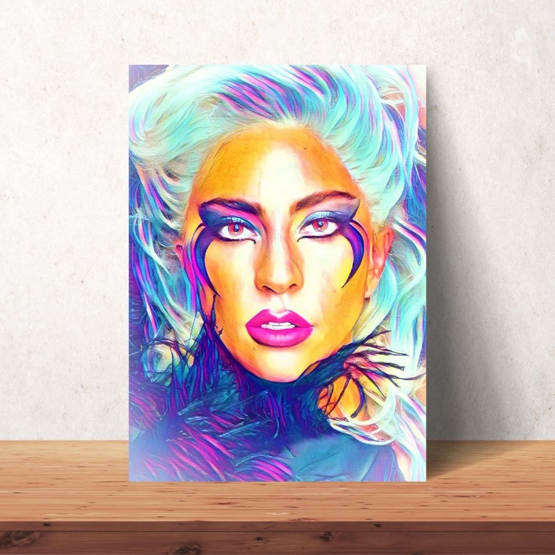 close up of downloadable painting of lady gaga in a colourful design