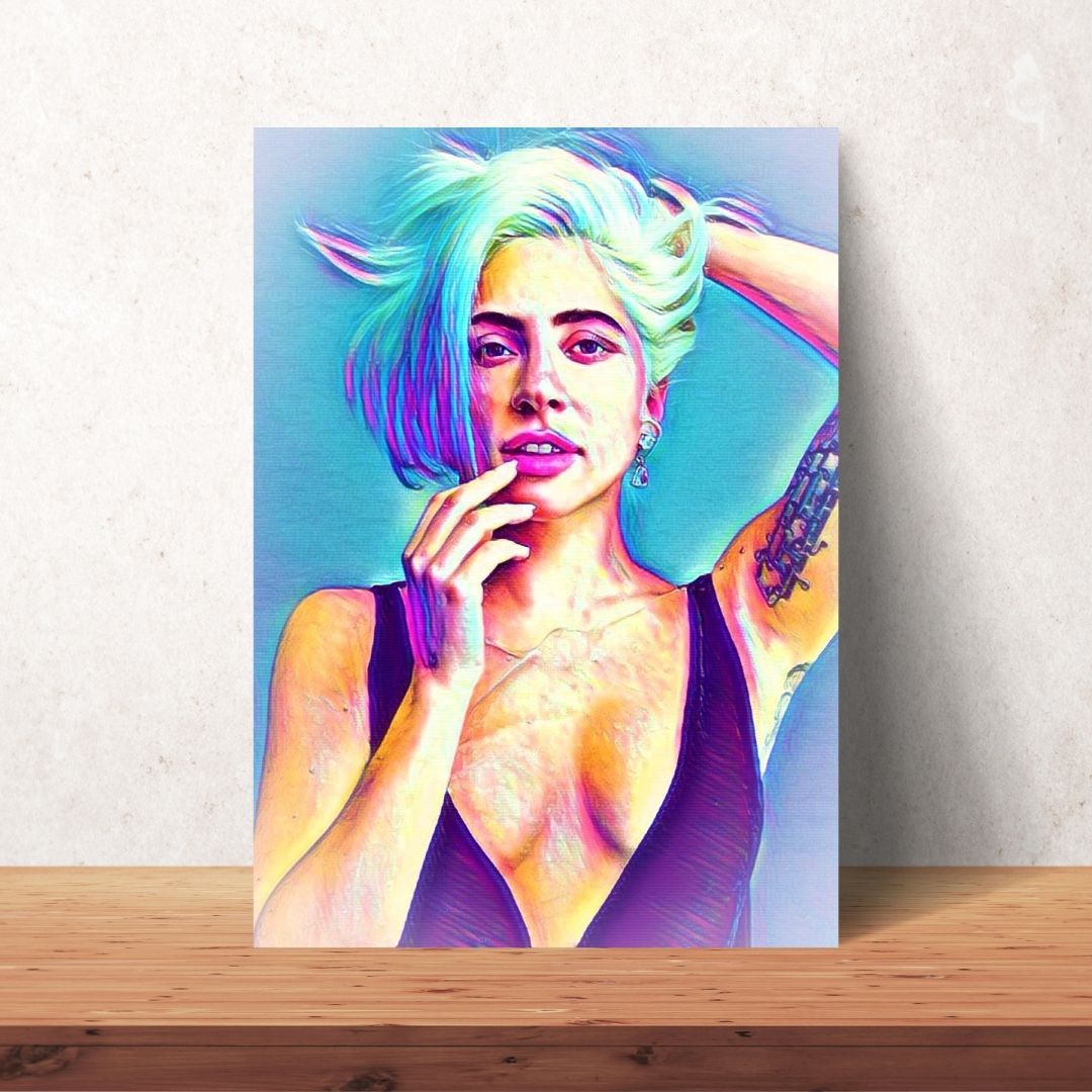 digital download of a painting of lady gaga with low cut dress and short hair as wall art