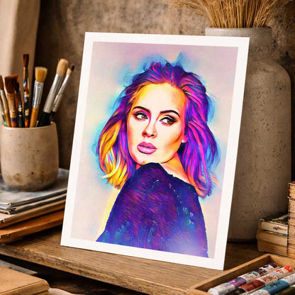 Close-up detail of Adele abstract portrait showing hand-drawn linework and colour blocking