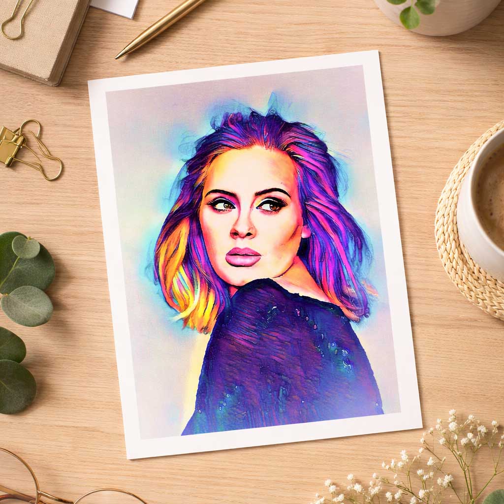 Adele digital art print shown as a printed poster — instant download fan gift idea