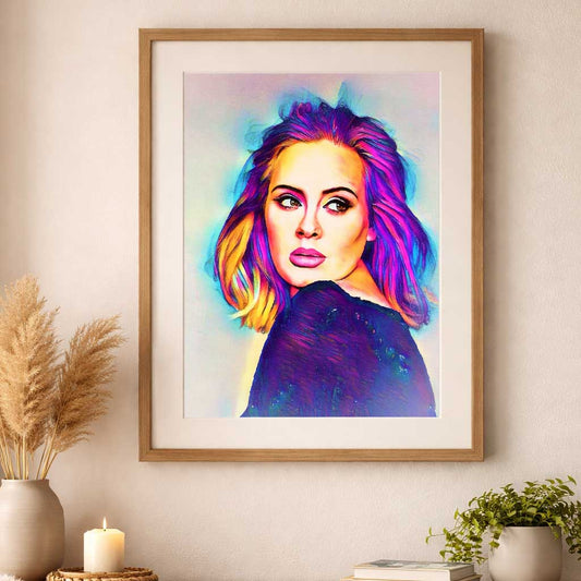 Adele vibrant abstract art print framed and displayed on a living room wall