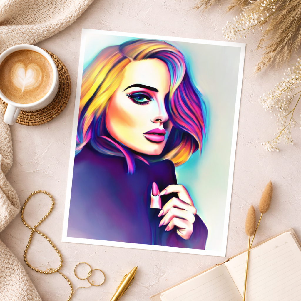 Adele printable art digital download shown as a printed flat lay poster