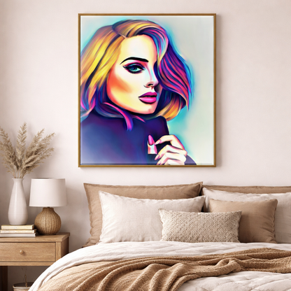 Adele abstract art print framed and displayed on a bedroom wall