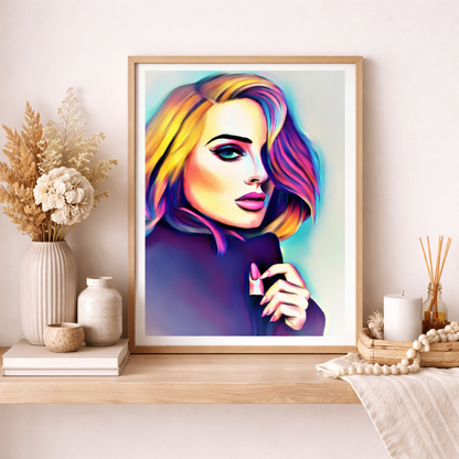 Adele abstract portrait print framed on a living room wall as colourful fan wall art