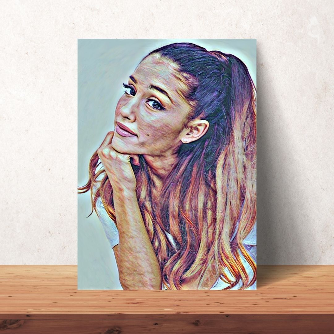 coloured drawing portrait of Ariana Grande with hair up and down as a digital download