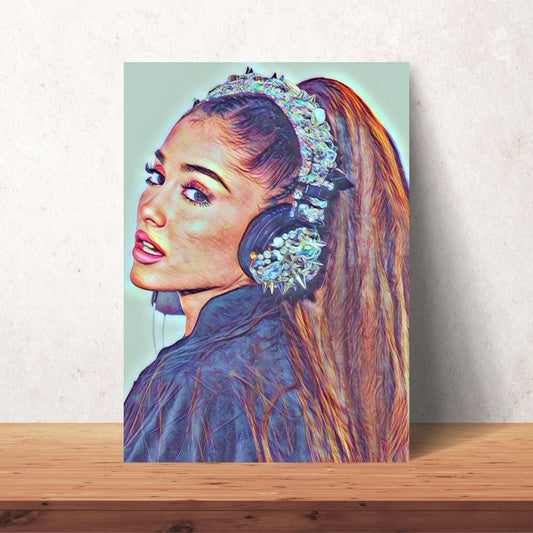 ariana grande portrait drawing with headphones and ponytail style as downloadable