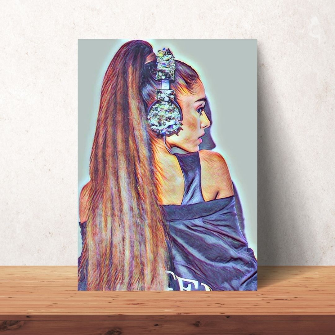 digital download of portrait drawing of Ariana Grande with brown hair in ponytail