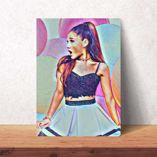 downloadable drawing of ariana grande with high ponytail and skater skirt and balloons