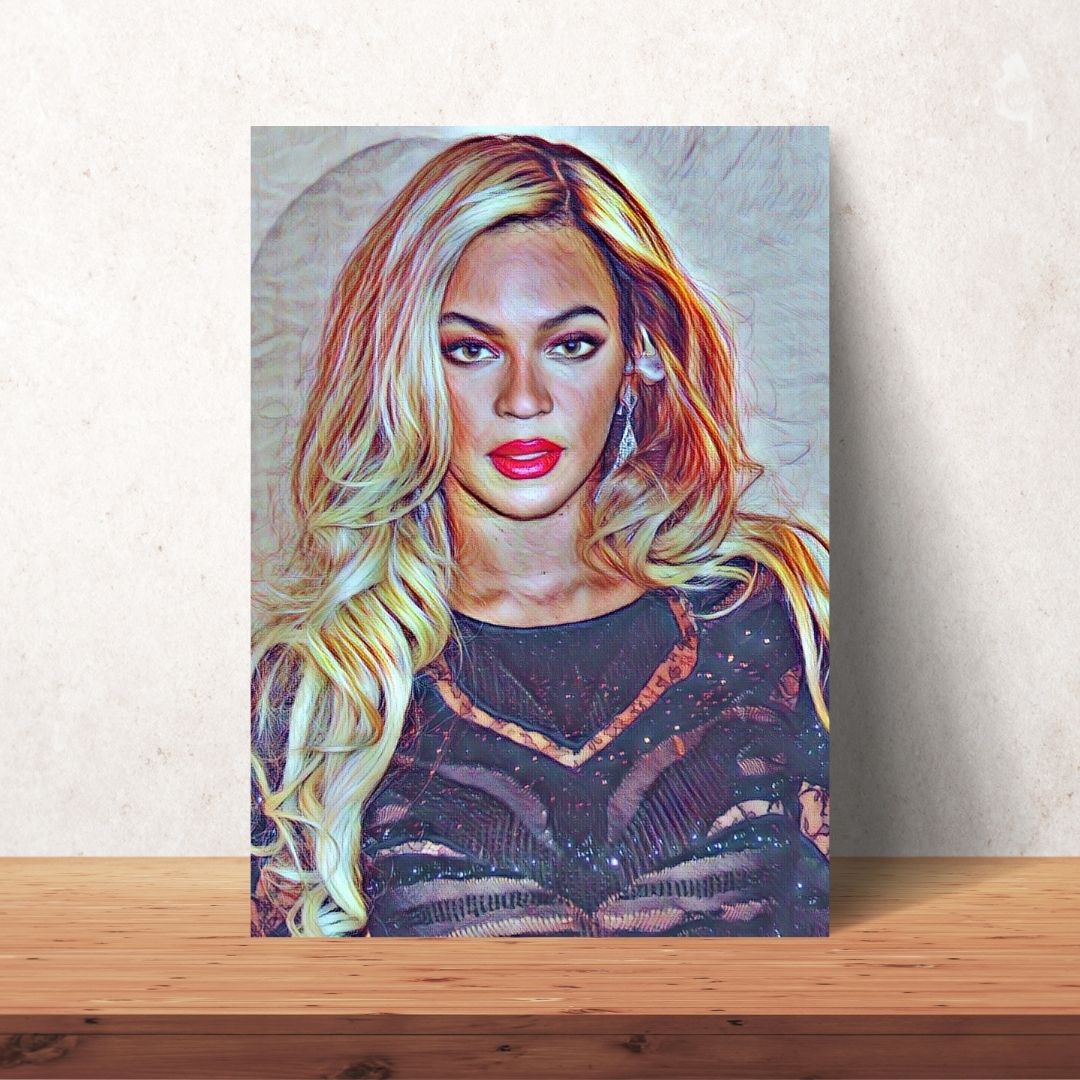 coloured drawing poster of Beyonce with blonde hair and black dress