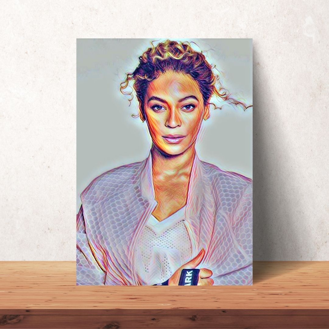 portrait coloured drawing of Beyonce in gymwear and hair tied back