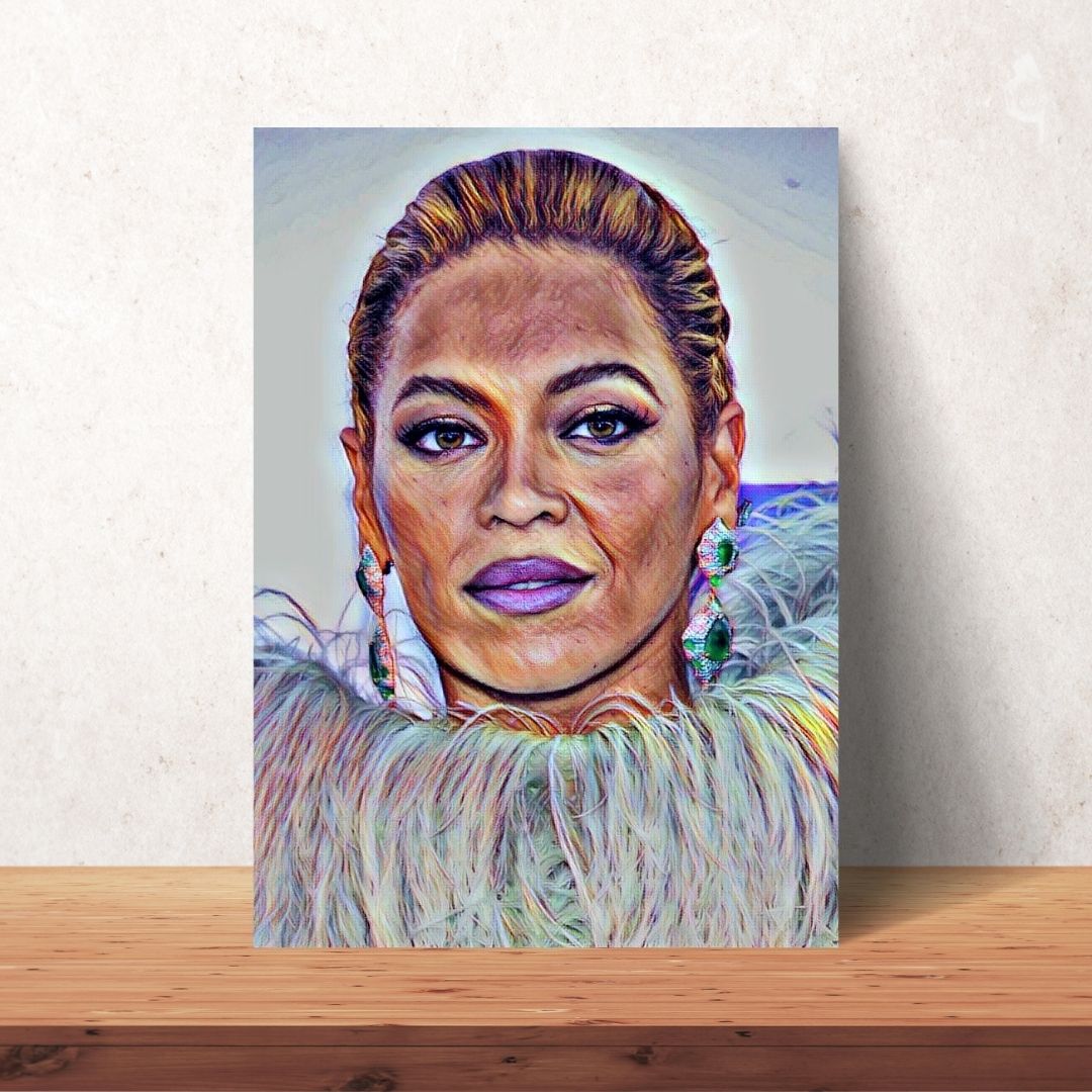 coloured drawing portrait poster of Beyonce wearing fluffy dress and purple lipstick