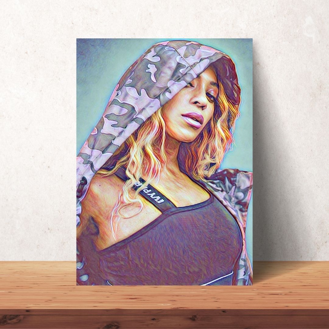 coloured drawing portrait poster of beyonce in ivy park with blonde hair