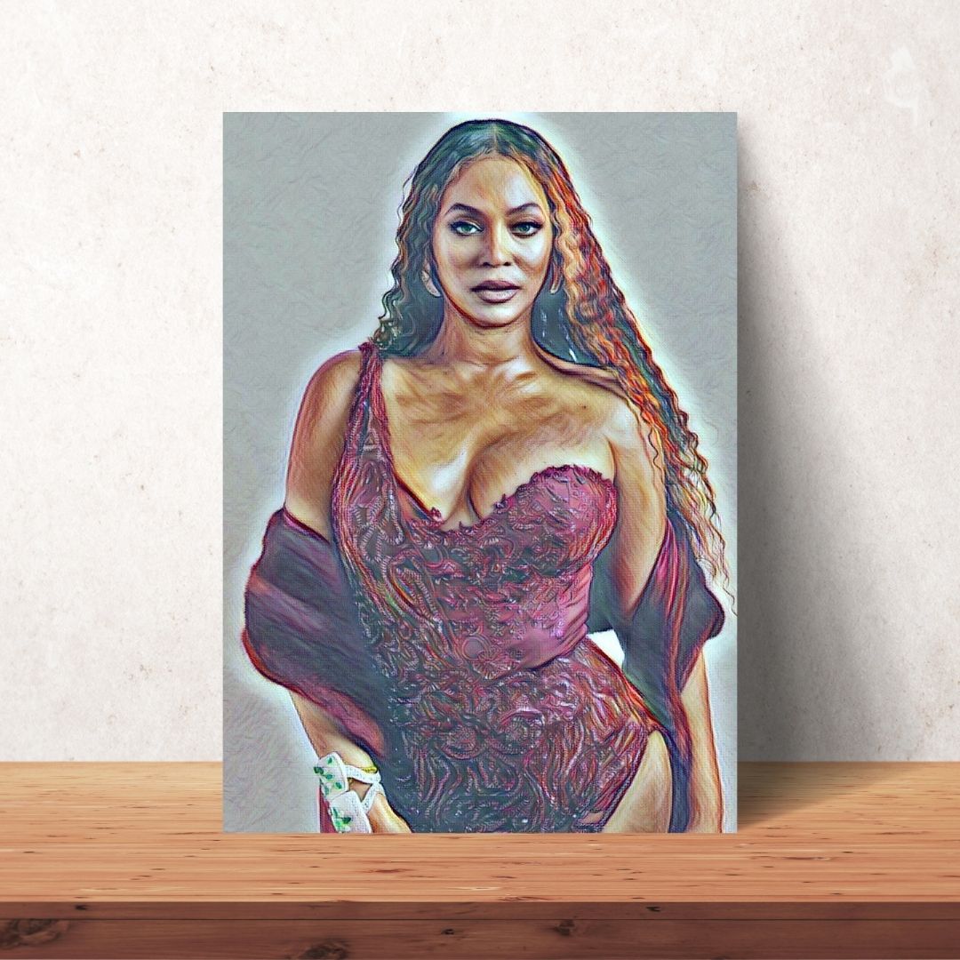 portrait poster drawing of beyonce in red dress with cleavage and crimped hair