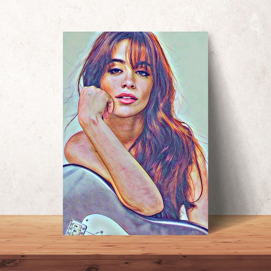 poster of camila cabello portrait coloured drawing with guitar