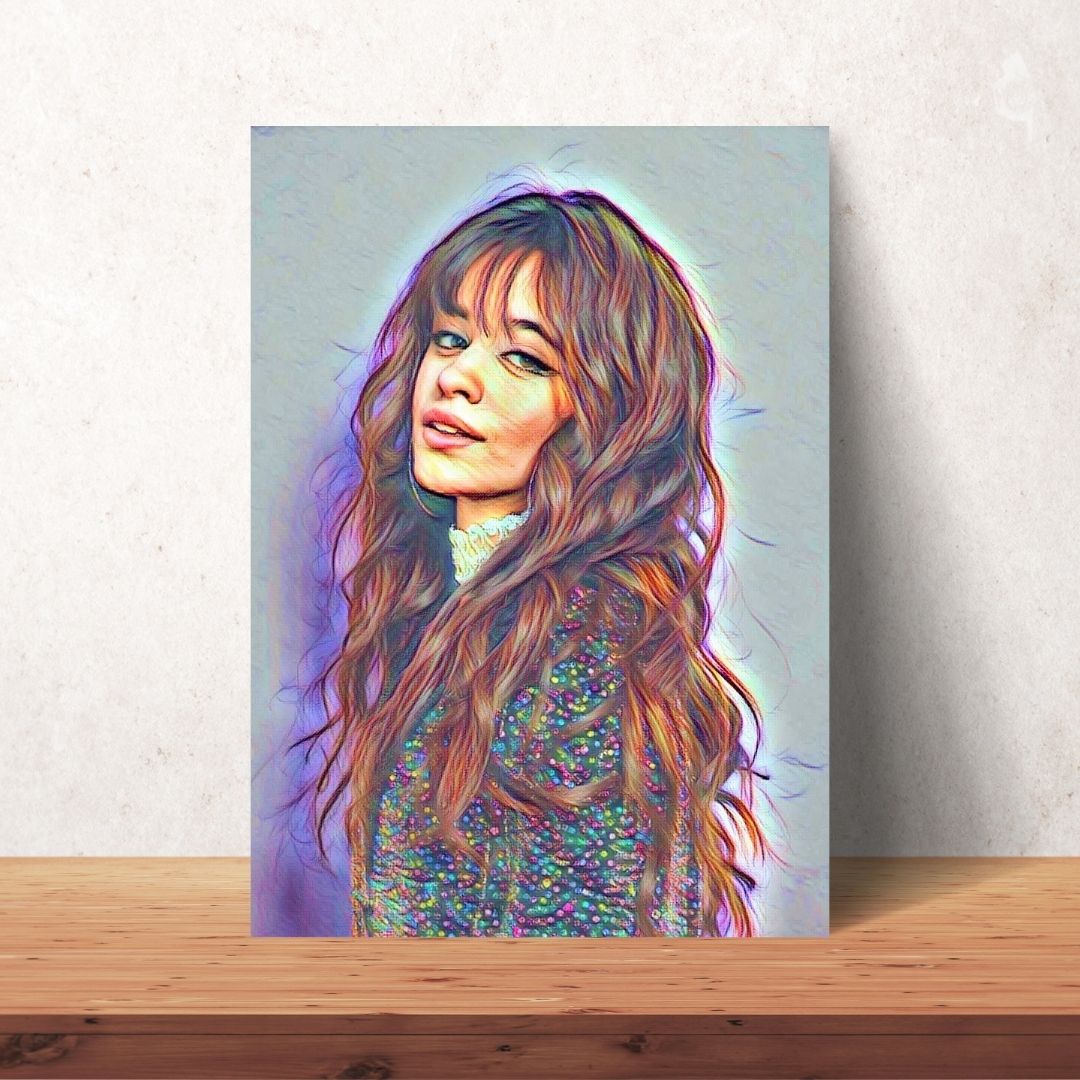 poster of coloured drawing portrait of Camila Cabello with sequin top and brown hair