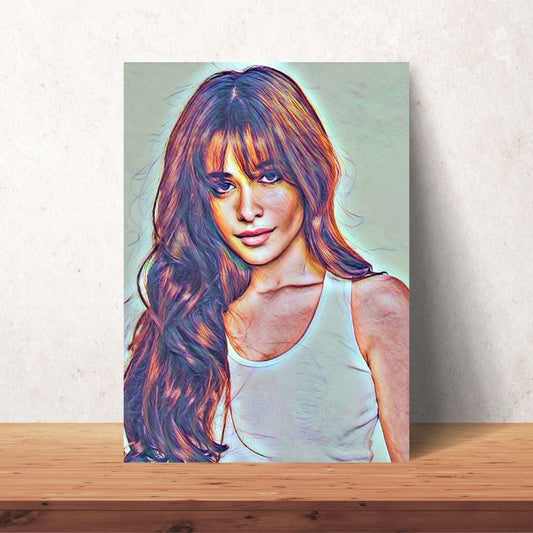 poster of portrait drawing of camila cabello with long brown detailed brown hair