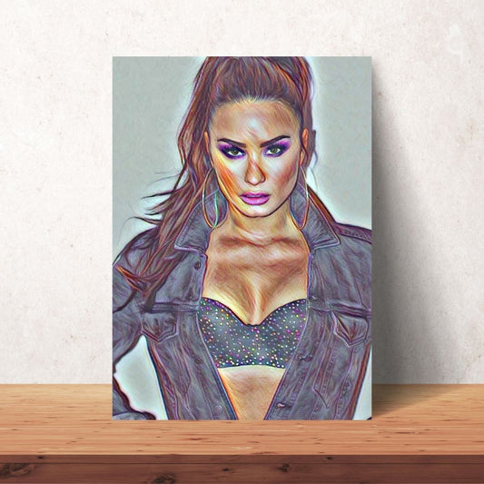 coloured drawing poster of demi lovato with ponytail and pink makeup