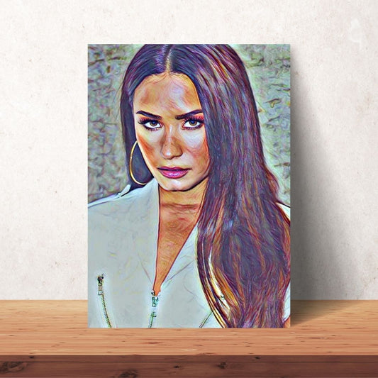 poster of coloured drawing portrait of demi lovato with brown long hair and white blazer