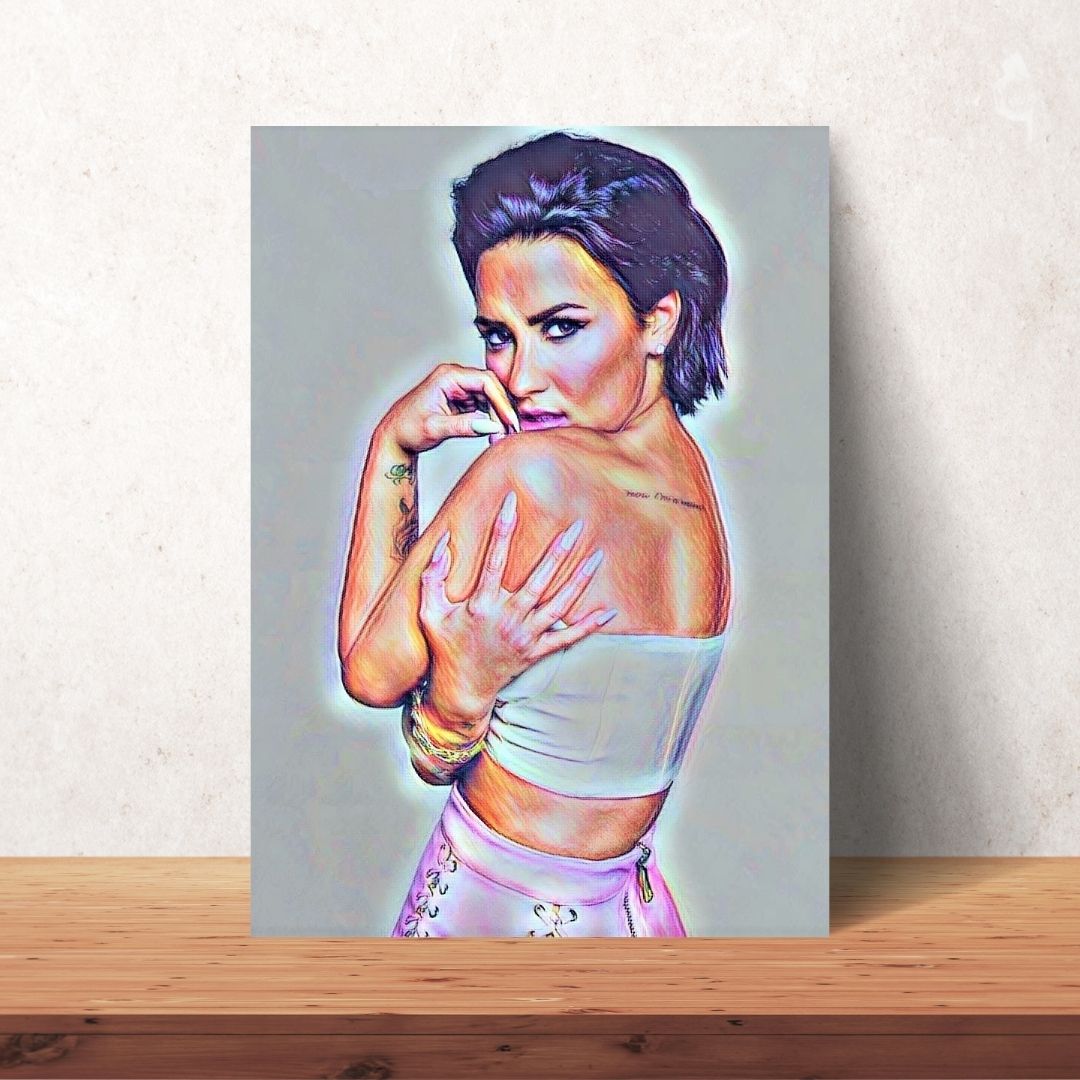 poster of coloured drawing of demi lovato in white and pink with short hair