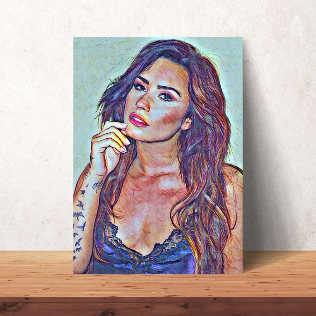 poster of coloured drawing of demi lovato in a sweet dress with long brown hair and bird arm tatoos