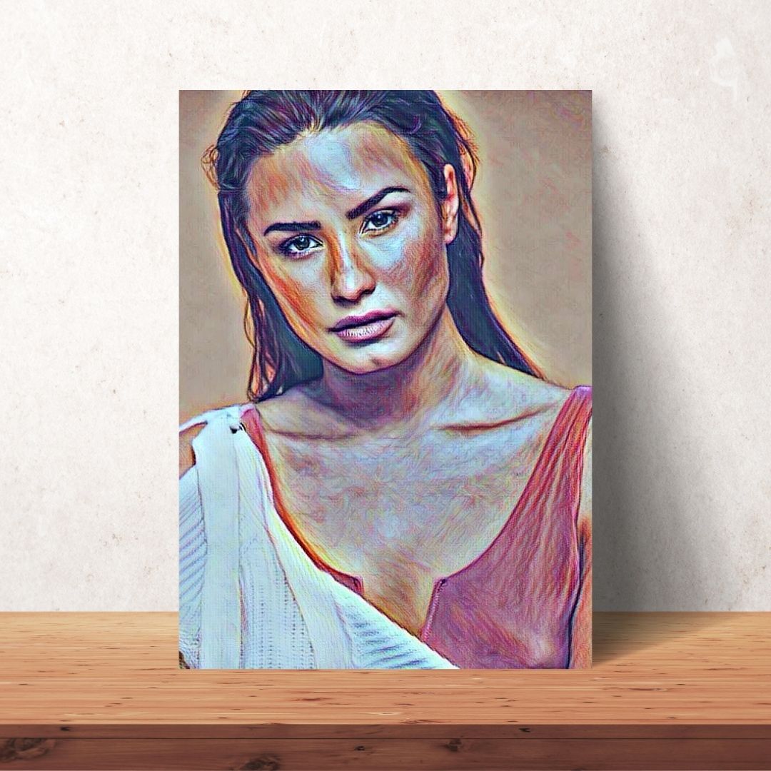 poster of demi lovato as a coloured drawing portrait with red dress and long hair