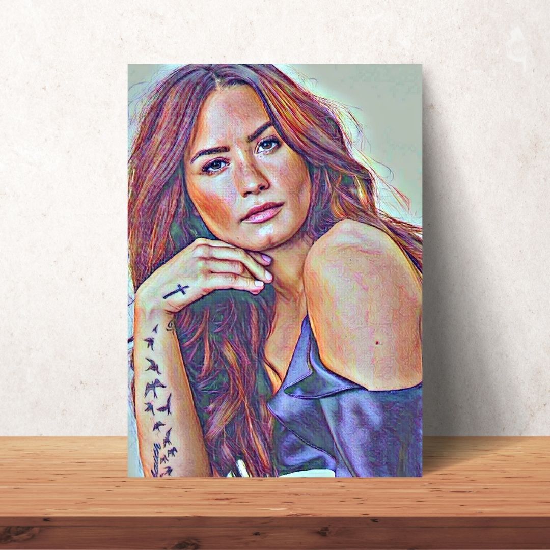 poster of demi lovato coloured drawing with blue dress and brown hair