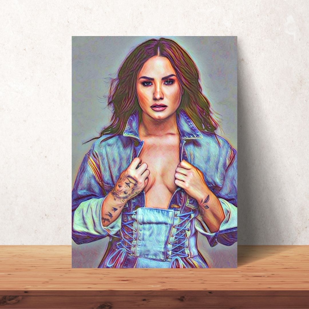 poster of coloured drawing of demi lovato in a denim dress and brown hair