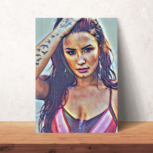 coloured drawing portrait as a poster of demi lovato in a bathing suit and wet hair