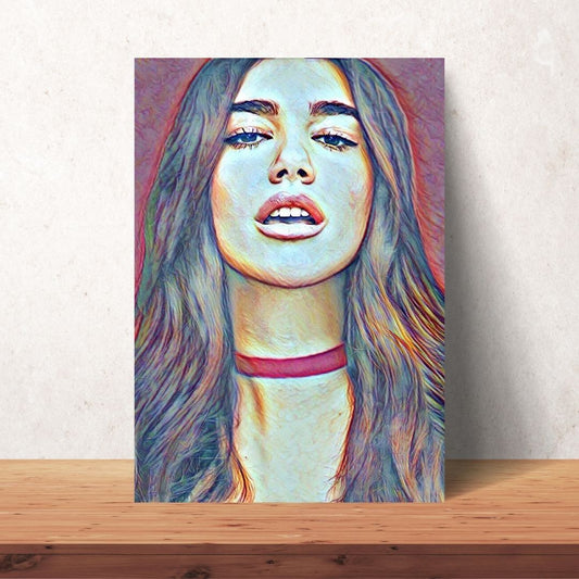 poster of dua lipa with burgundy dress and long brown hair coloured drawing download