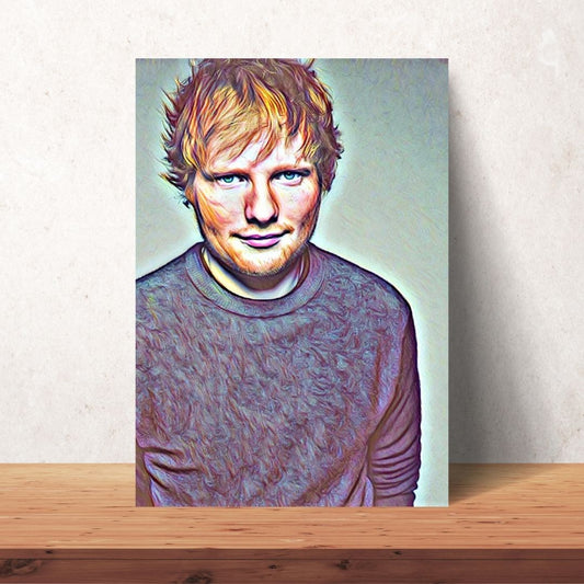 poster of coloured drawing of ed sheeran with cosy sweater and ginger hair