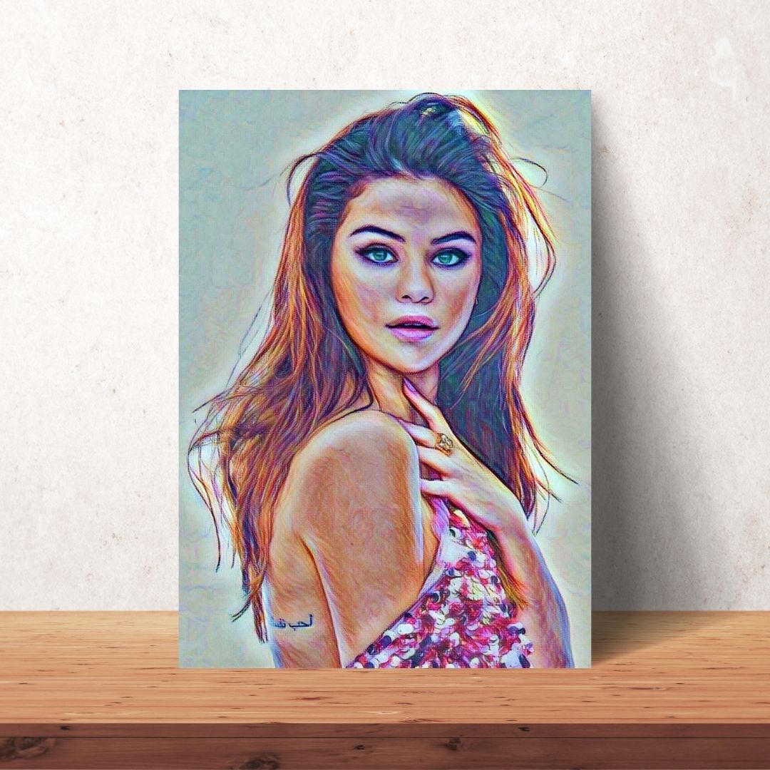 selena gomez portrait in colour pencil with brown hair and pink sparkly dress