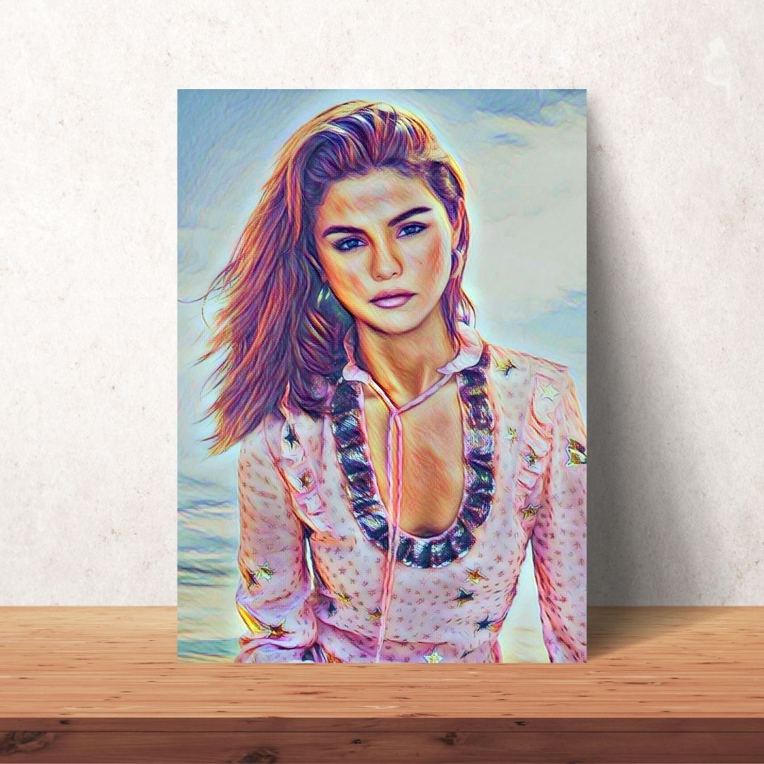 pink dress portrait of selea gomez in colour pencil downloadable