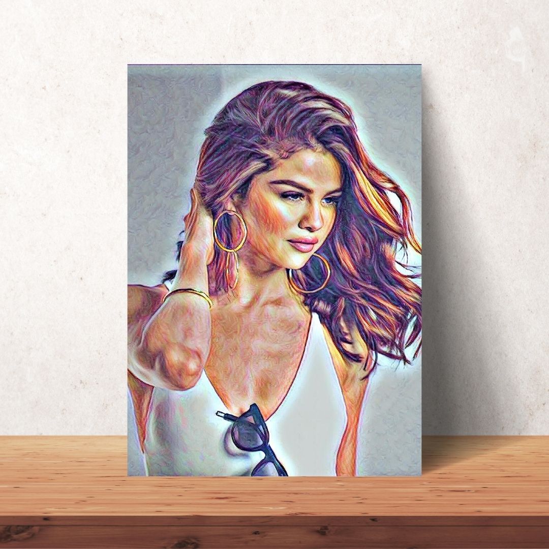 selena gomez portrait of colour drawing with brown hair and realistic skin