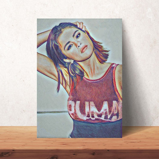 portrait of selena gomez wearing a puma top with short hair digital download