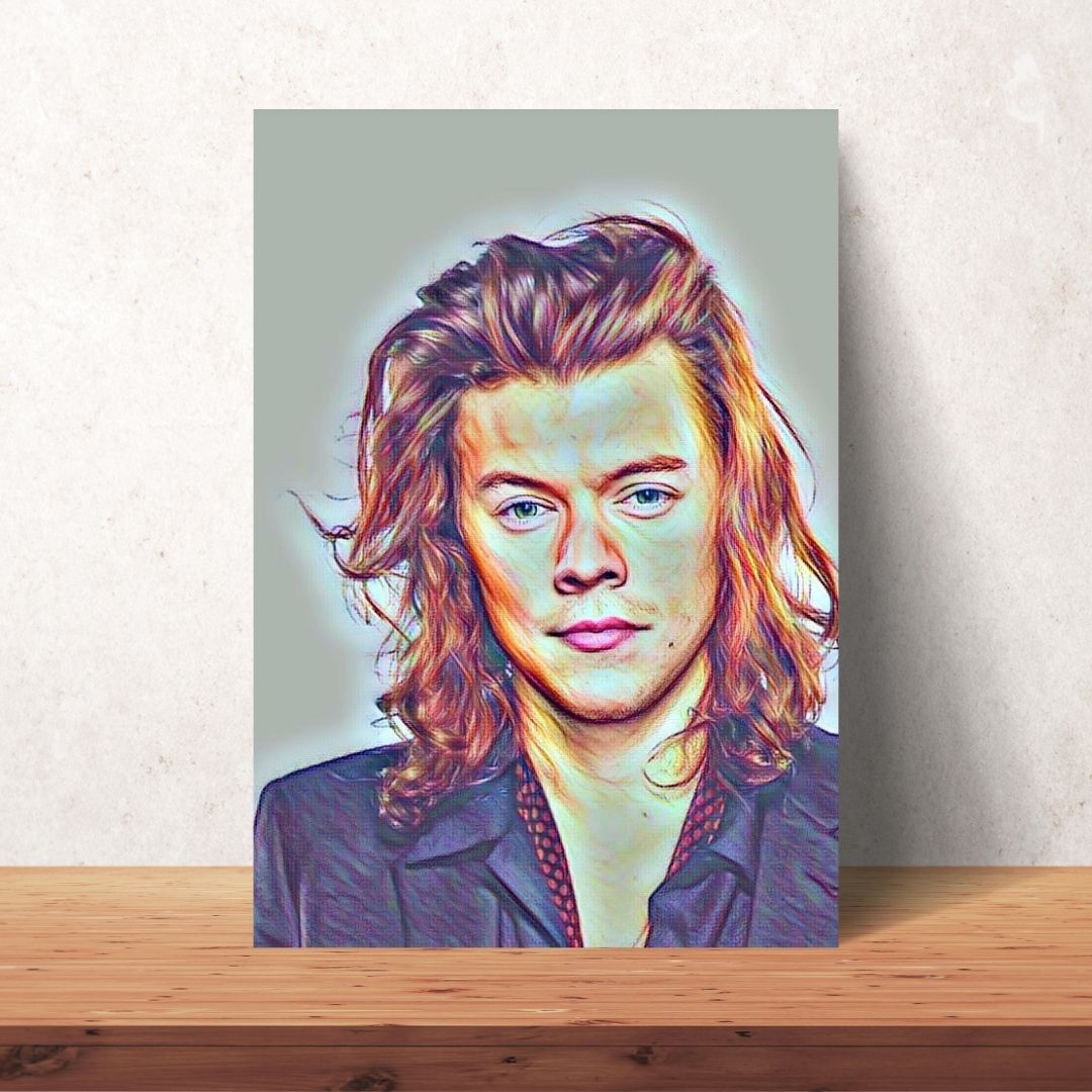 coloured drawing portrait of harry styles from one direction with long brown hair digital download