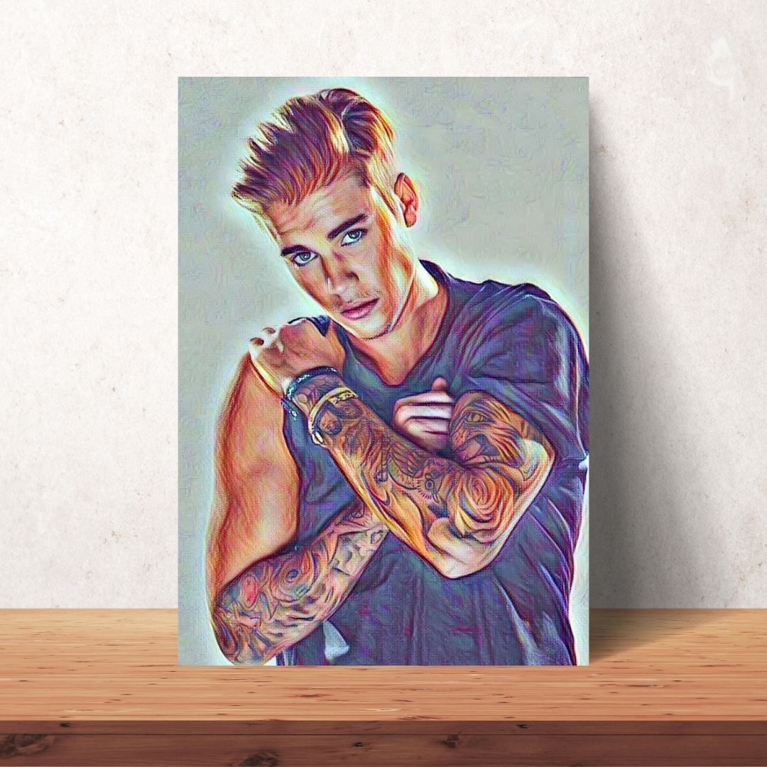 coloured drawing downloadable poster of justin bieber with brown hair and arm tattoos