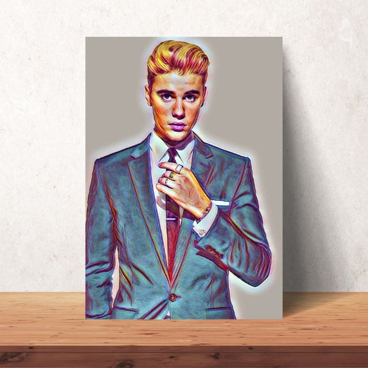 poster of justin bieber with a blue suit on and blonde hair coloured drawing download