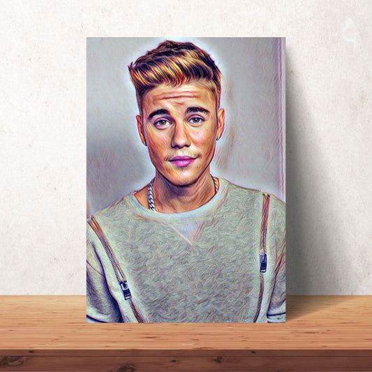 poster of young justin bieber with blonde hair slicked back and sweet smile coloured drawing download