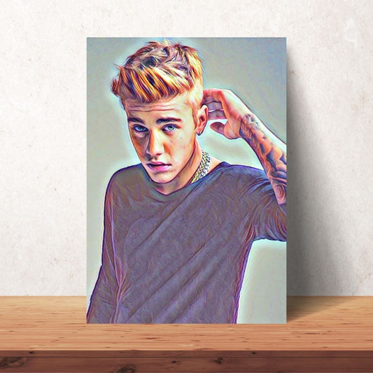 poster of young justin bieber with signature slicked back blonde hair and tattoos coloured drawing download