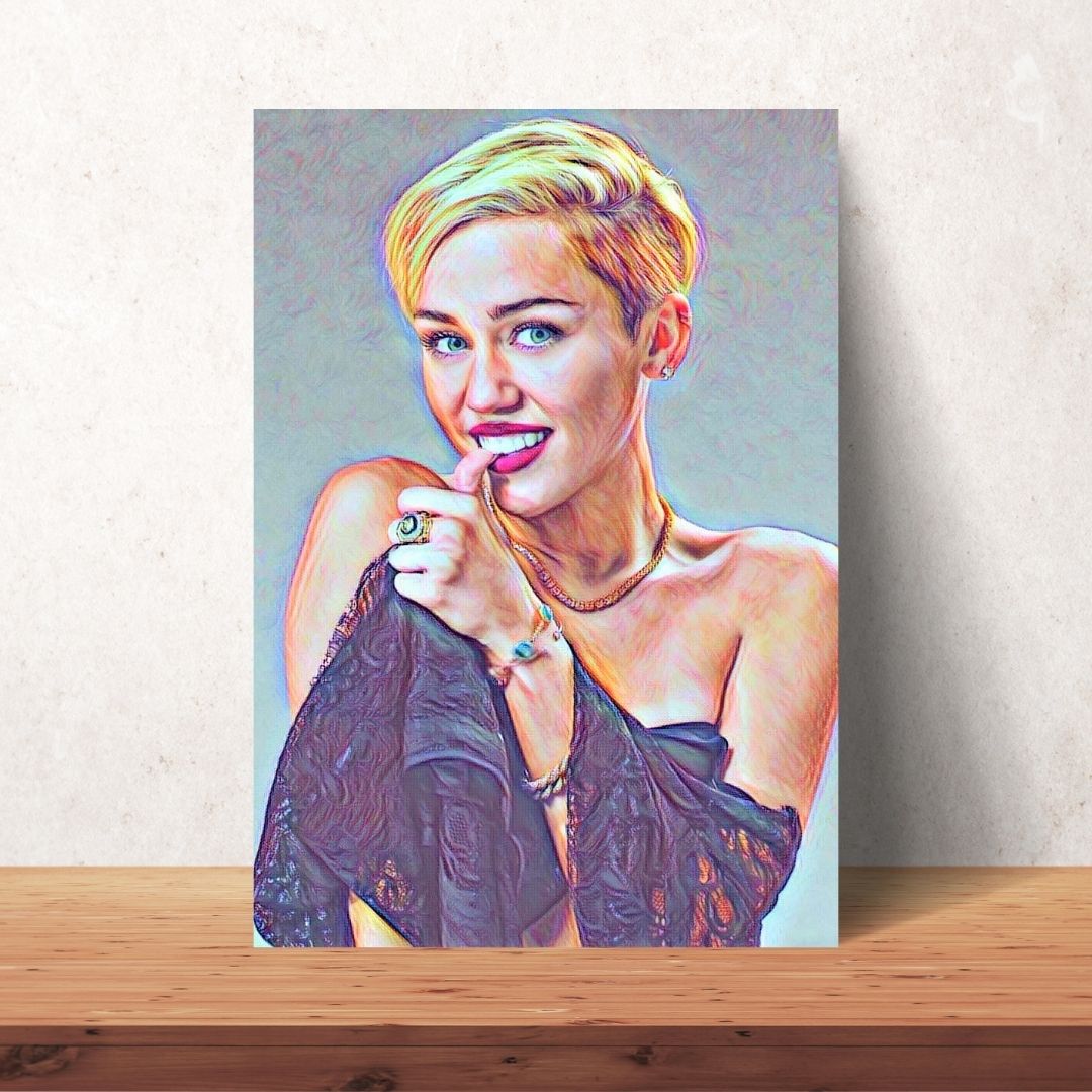 poster of miley cyrus in black dress and short blonde hair digital download coloured drawing