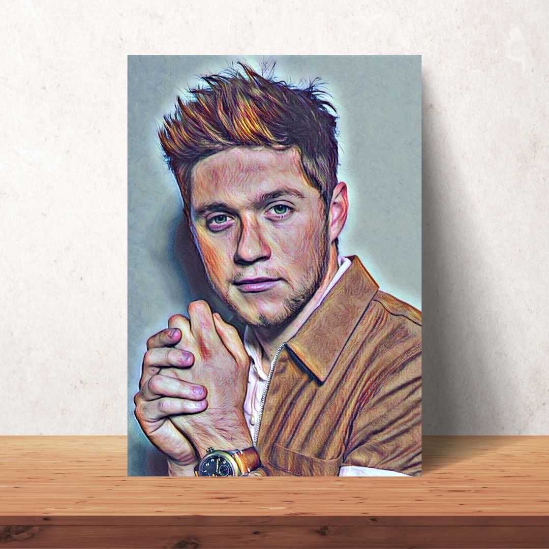 coloured drawing portrait of niall horan poster in a brown blazer digital download