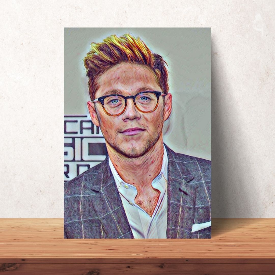 niall horan poster from one direction in blonde hair and blazer with glasses coloured drawing downloadable