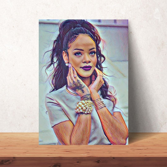 rihanna with black hair in a ponytail coloured drawing digital download as wall art poster