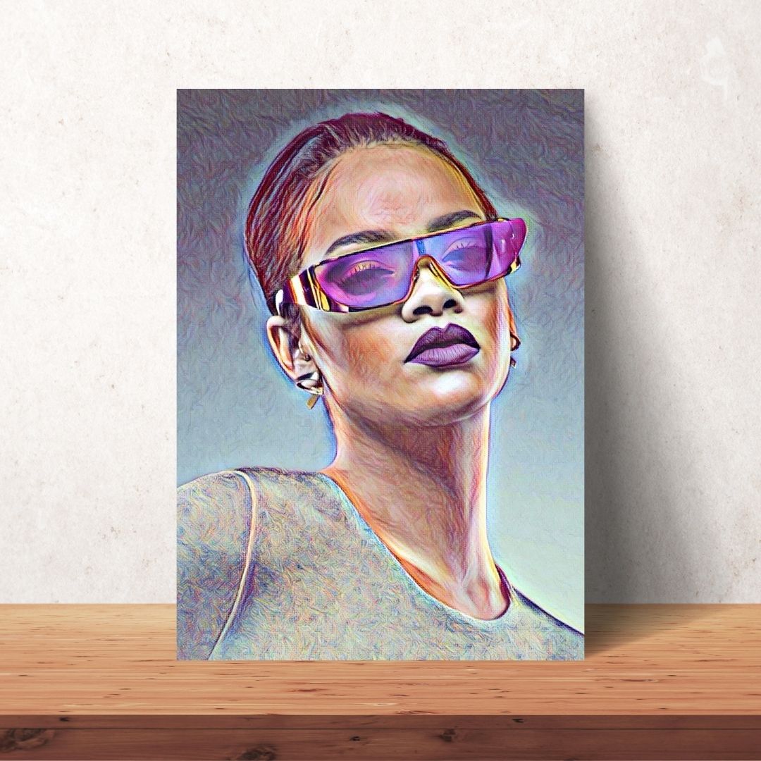 rihanna with sleek bun hair and purple sunglasses coloured drawing portrait as poster