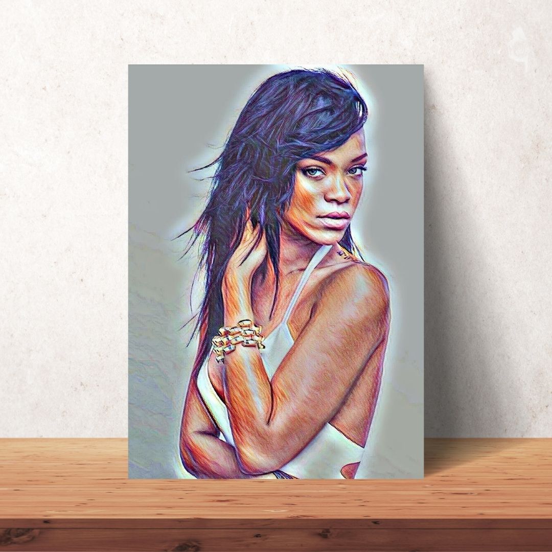 rihanna coloured drawing portrait poster with black hair on one side digital download