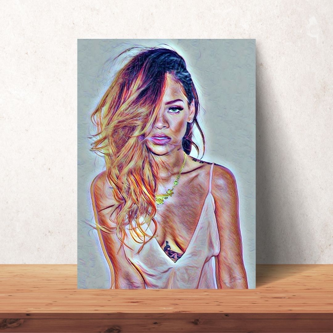 rihanna coloured drawing portrait digital download with brown and black curly hair